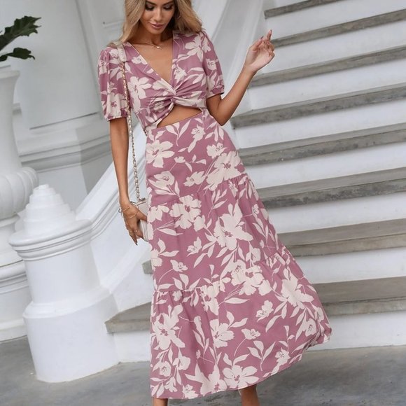 Dusty Pink Boho Womens Floral Print Twist Front Cut Out Ruffle Hem Dress - Picture 2 of 5